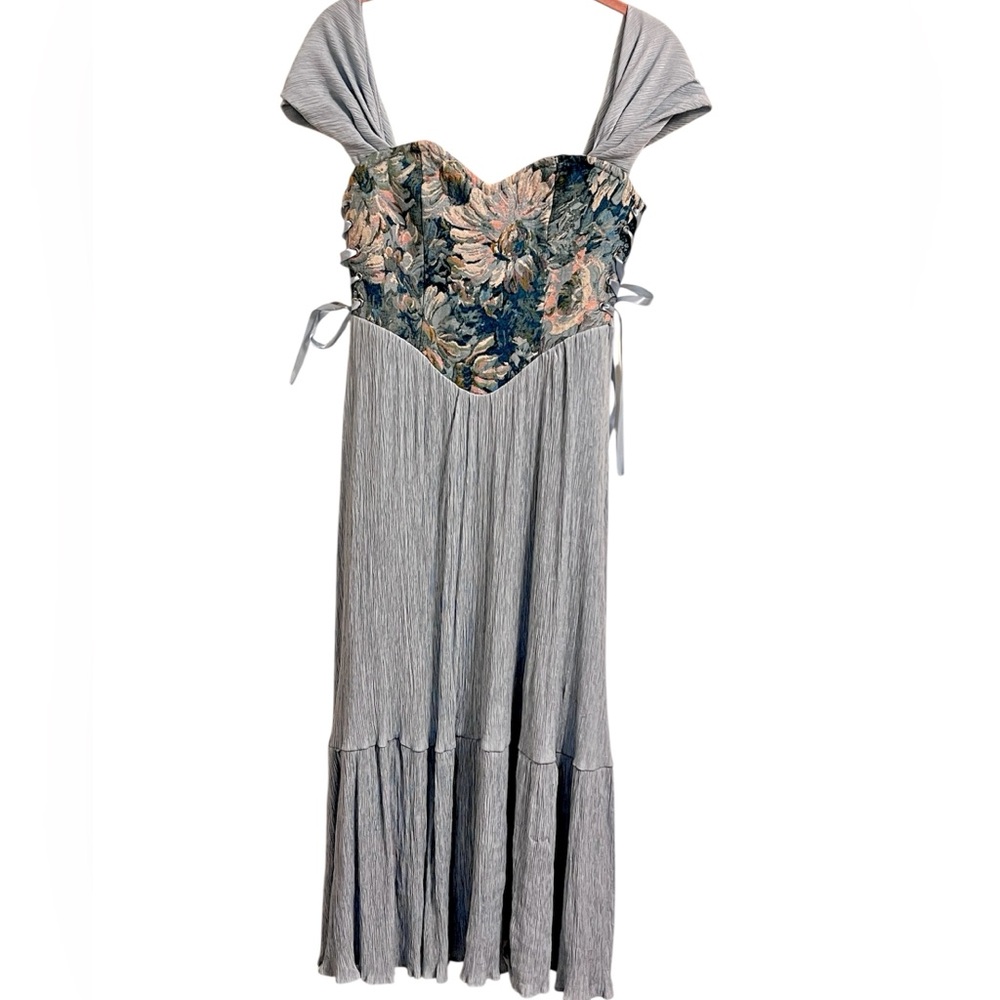 Vintage Inspired Tapestry Corset Dress Floral Patterned Blue Tiered Skirt Small